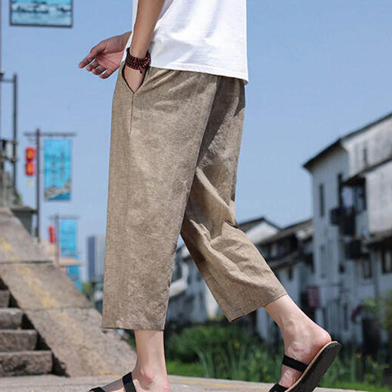 Buddha Stones Casual Woven Bead Waist Rope Men's 7-8 Length Spandex Pants With Pockets