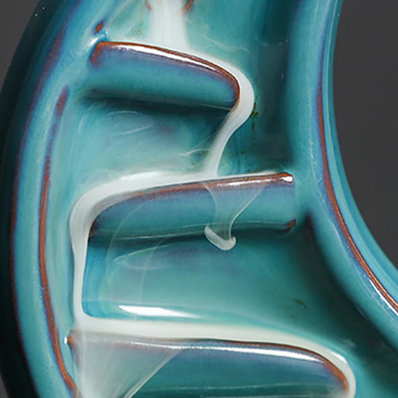 Buddha Stones Blue Crescent Moon Ceramic Backflow Smoke Fountain Meditation Candlestick Incense Burner Decoration