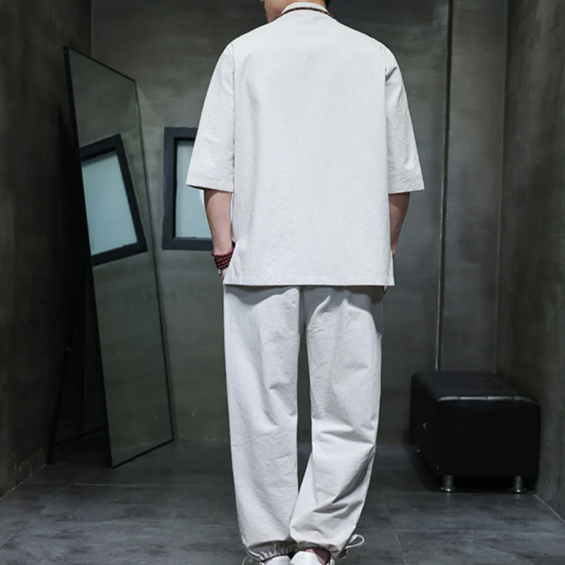 Buddha Stones 2Pcs Tang Suit Frog-Button Design Shirt Pants With Pockets Men's Cotton Linen Meditation Cloth Set