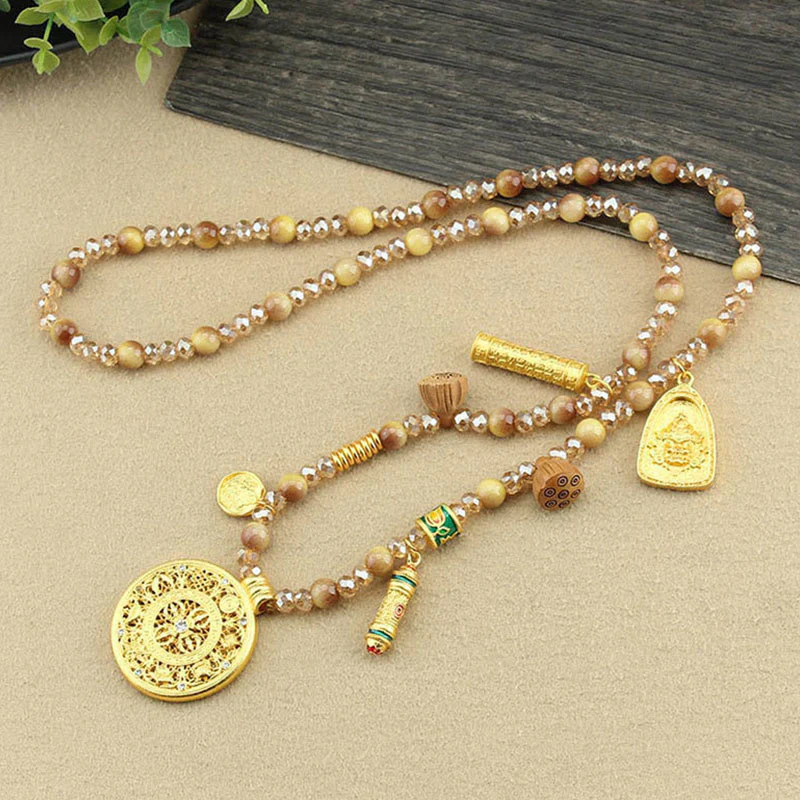 Buddha Stones Tibetan Lotus Round Plate Golden Tiger Eye Beads Necklace Pendant