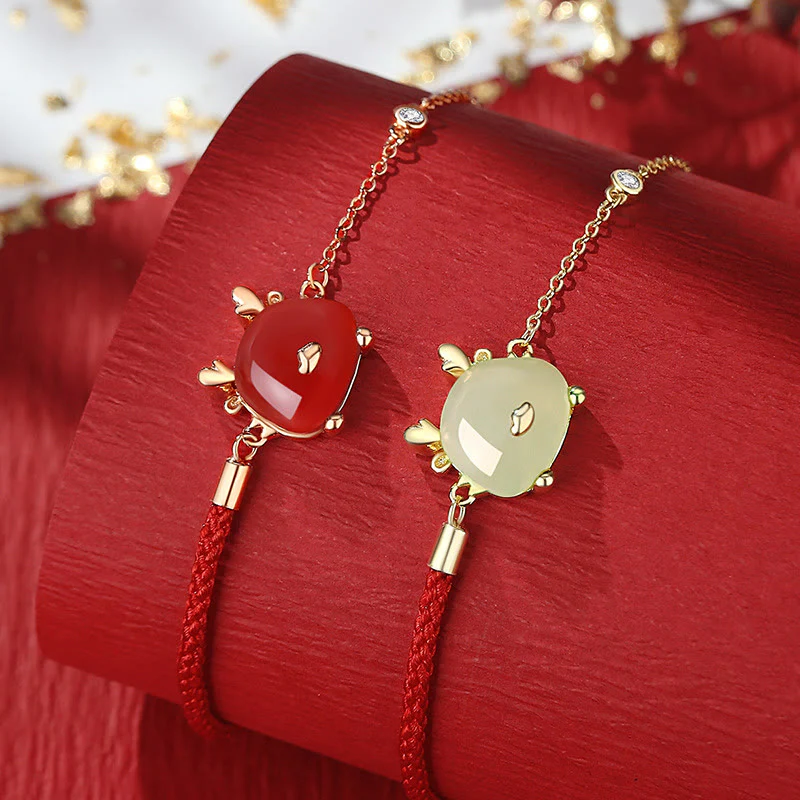 Buddha Stones 925 Sterling Silver Year of the Dragon Natural Hetian Jade Red Agate Cute Dragon Protection Success Bracelet Necklace Pendant Earrings