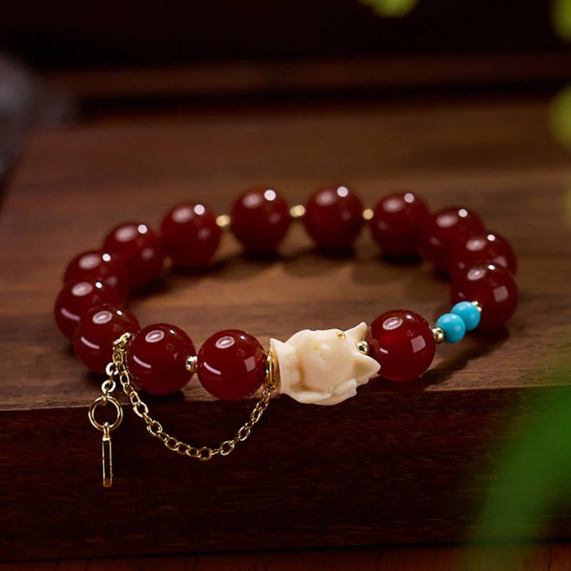 Buddha Stones Nine Tailed Fox Joy Red Agate Ivory Fruit Copper Plated Gold Confidence Bracelet