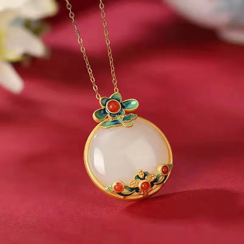 Buddha Stones White Jade Red Agate Flower Blessing Luck Necklace Pendant