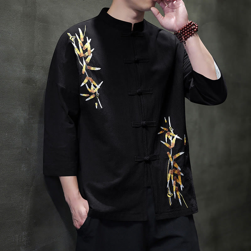 Buddha Stones Embroidery Men's Chinese Frog-Button Three Quarter Sleeve Shirt Clothing
