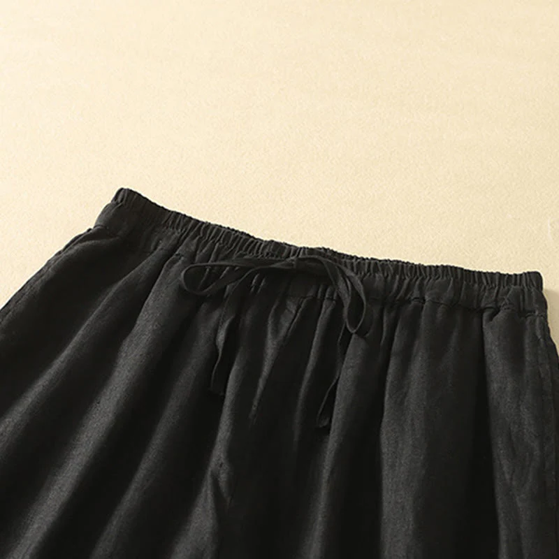 Buddha Stones Casual Retro Drawstring Embroidery Design Women's Cotton Linen 7-8 Length Pants With Pockets