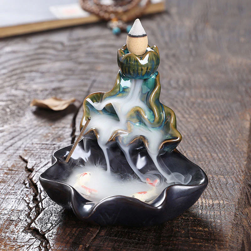 Buddha Stones Lotus Leaf Koi Fish Ceramic Backflow Smoke Fountain Peace Incense Burner Decoration