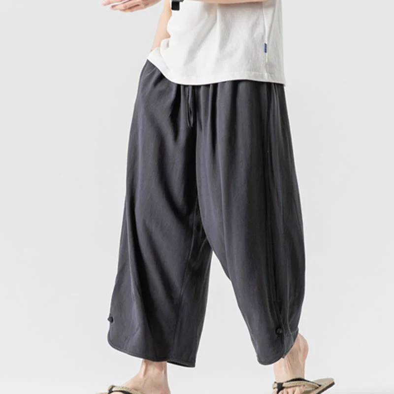 Buddha Stones Casual Loose Frog-Button Plain Men's Cotton Linen 7-8 Length Pants With Pockets