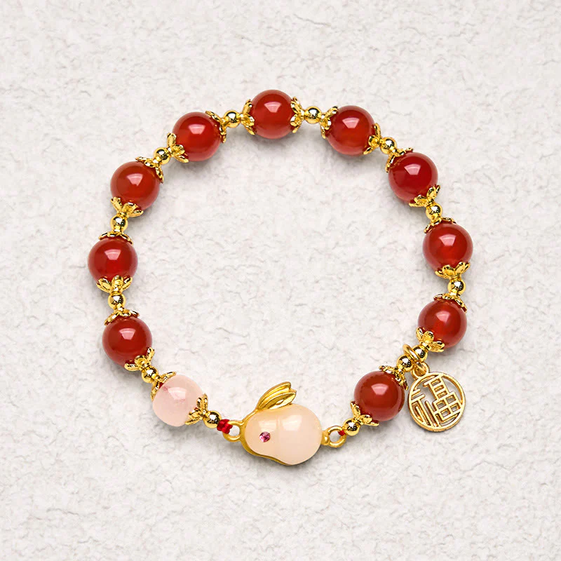 Buddha Stones Red Agate Chalcedony Rabbit Fu Character Confidence Bracelet