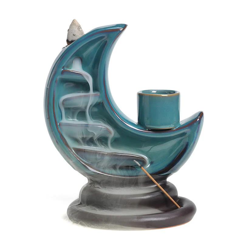 Buddha Stones Blue Crescent Moon Ceramic Backflow Smoke Fountain Meditation Candlestick Incense Burner Decoration