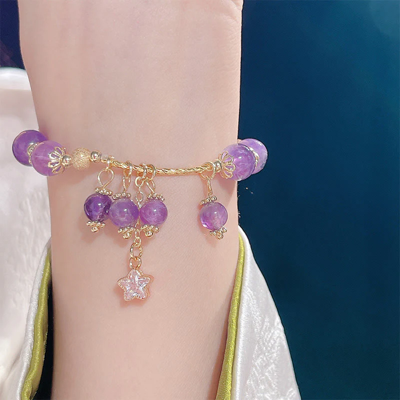 Buddha Stones Natural Amethyst Four Leaf Clover Star Peace Bracelet