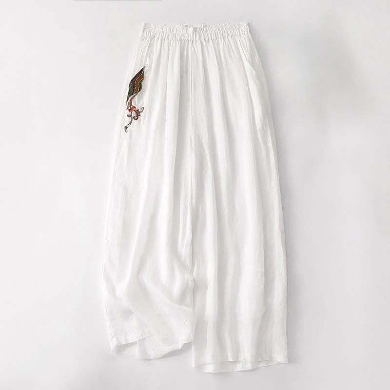 Buddha Stones Casual Flower Embroidery Women's Cotton Linen Elastic Waist  Wide Leg Pants With Pockets