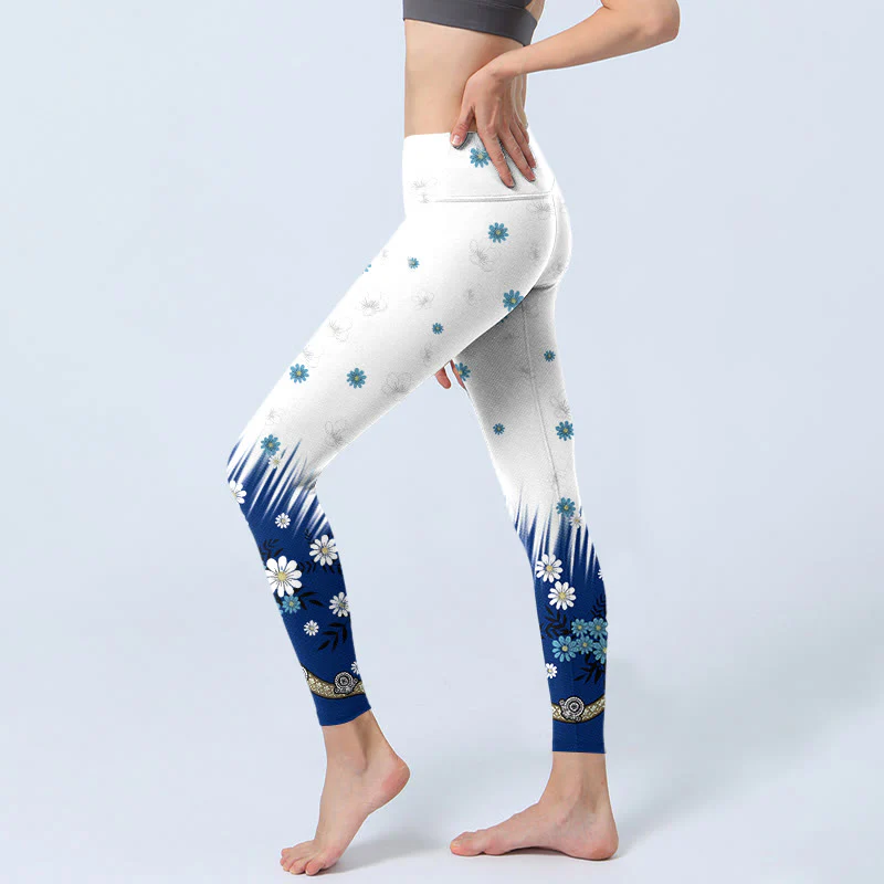 Buddha Stones White Flowers Grass Leaves Pattern Print Gym Leggings Women's Yoga Pants