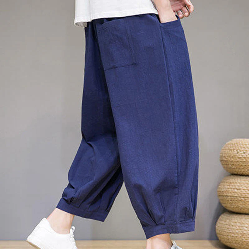 Buddha Stones Casual Plain Men's Cotton 7-8 Length Harem Pants With Pockets