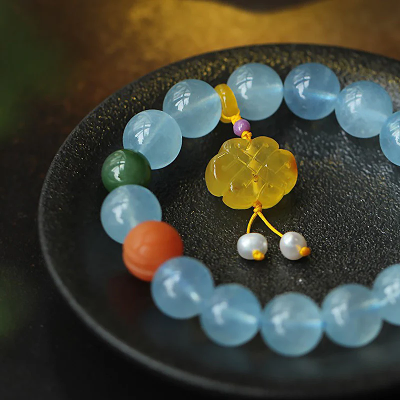 Buddha Stones Natural Aquamarine Amber Chinese Knotting Charm Peace Bracelet
