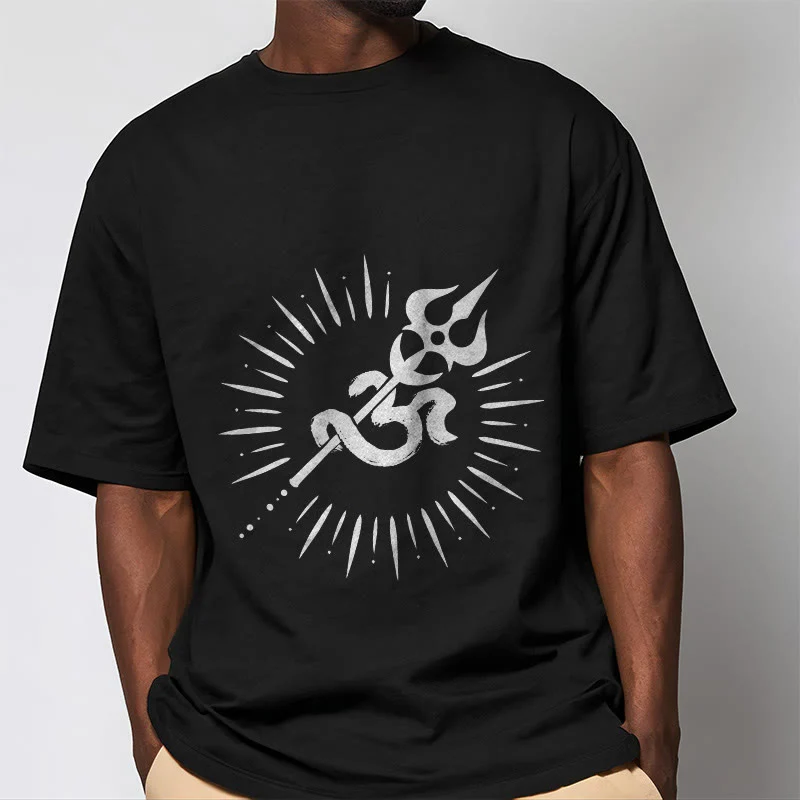 Buddha Stones Casual Om Symbol Trident Radiant Lines Pattern Cotton Tee T-shirt