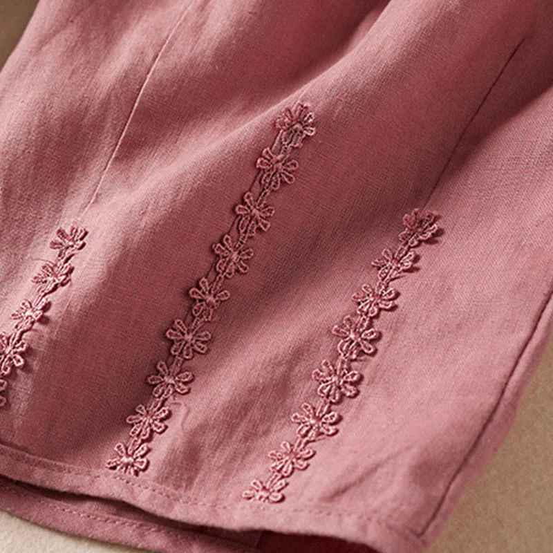 Buddha Stones Summer Small Flower Embroidery Cotton Linen Harem Pants With Pockets