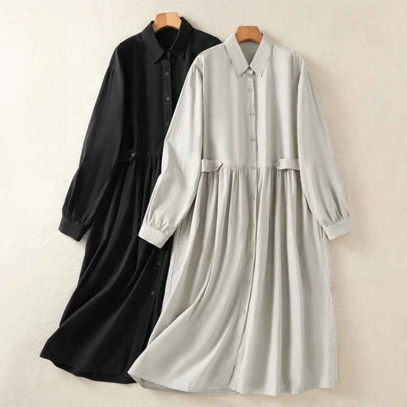 Buddha Stones Casual Plaid Pleats Buttons Design Long Sleeve Cotton Midi Dress With Pockets