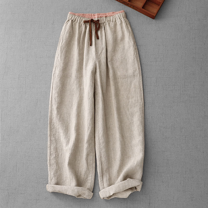 Buddha Stones Casual Daily Drawstring Simple Design Women's Cotton Linen Pants With Pockets