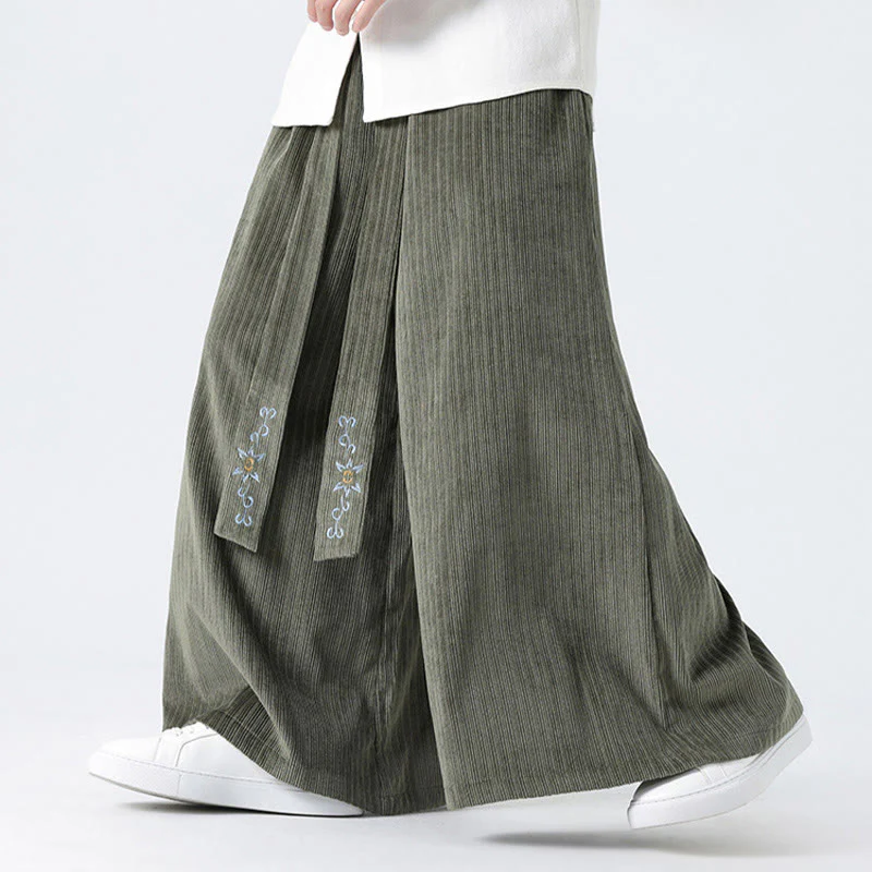 Buddha Stones Casual Embroidery Drawstring Design Men's Corduroy Wide Leg Pants With Pockets