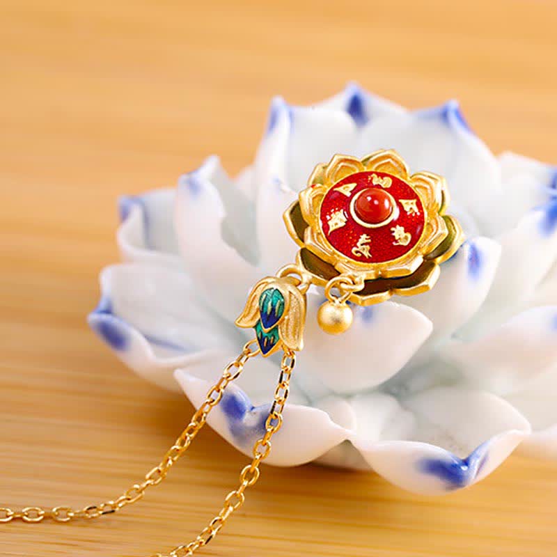 Buddha Stones 925 Sterling Silver Tibet Lotus Prayer Wheel Red Agate Enlightenment Necklace Pendant