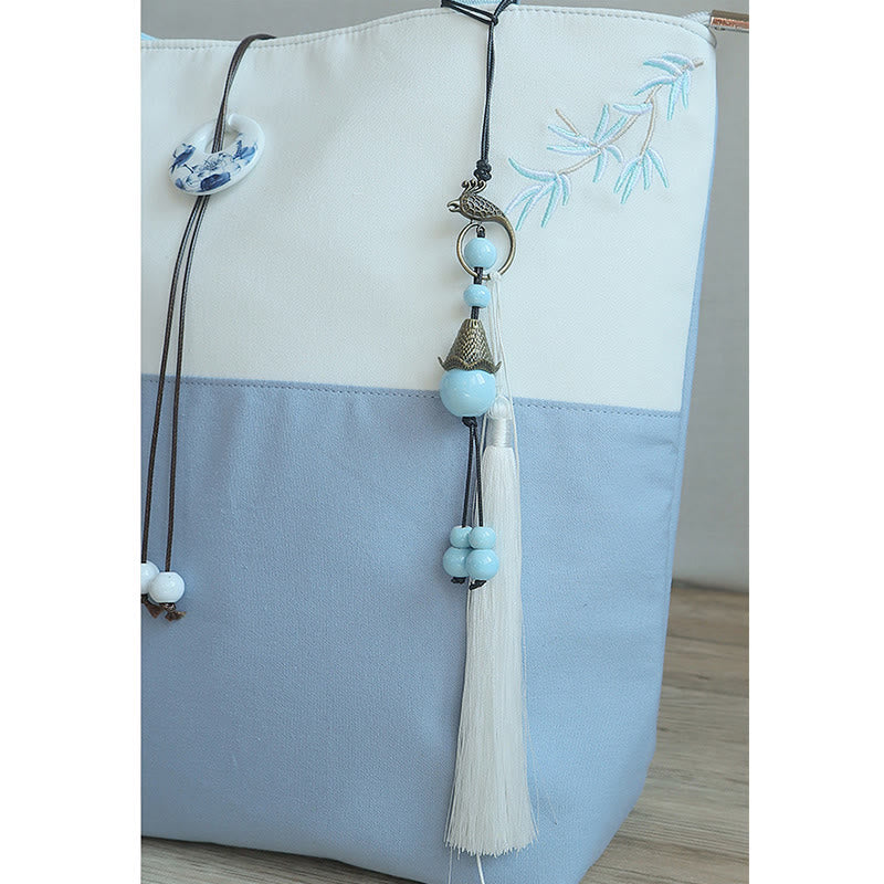 Buddha Stones Pear Flower Plum Peach Blossom Bamboo Embroidery Canvas Large Capacity Shoulder Bag Tote Bag