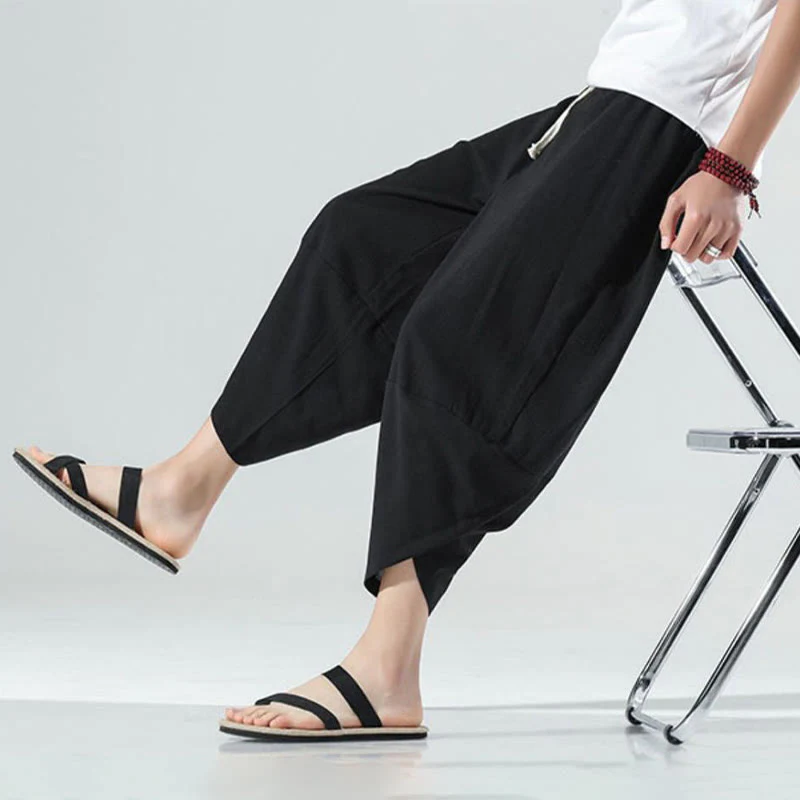 Buddha Stones Plain Simple Design Drawstring 7-8 Length Linen Men's Harem Pants With Pockets