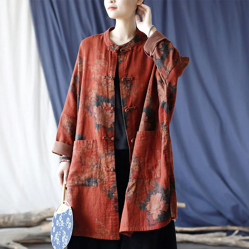 Buddha Stones Orange Peony Flower Cotton Linen Frog-Button Open Front Jacket With Pockets