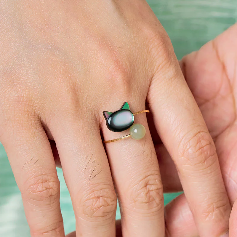 Buddha Stones Black Tridacna Stone Cat Jade Blessing Adjustable Ring