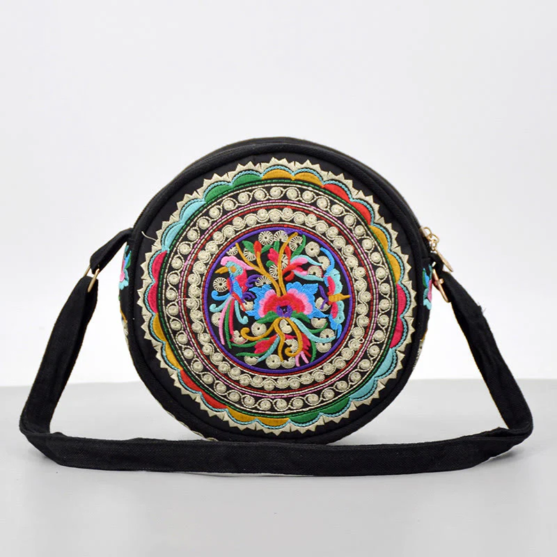 Buddha Stones Money Tree Galsang Inula Flower Peony Rose Peacock Double-Sided Embroidery Canvas Shopping Purse Handbag Crossbody Bag