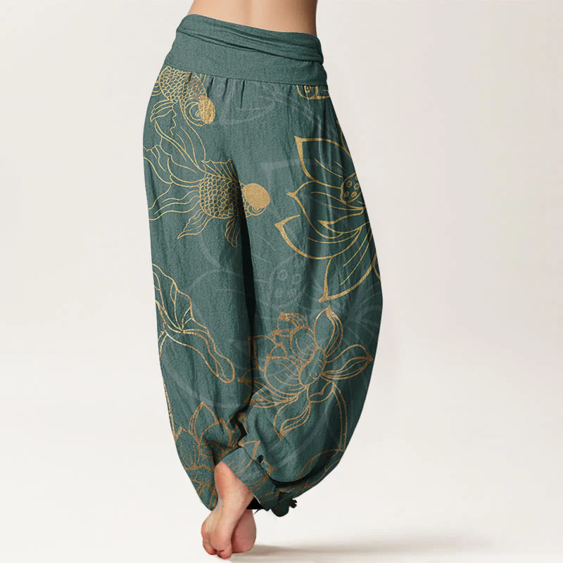 Buddha Stones Pure Cotton Lotus Leaf Koi Fish Women's Elastic Waist Harem Pants
