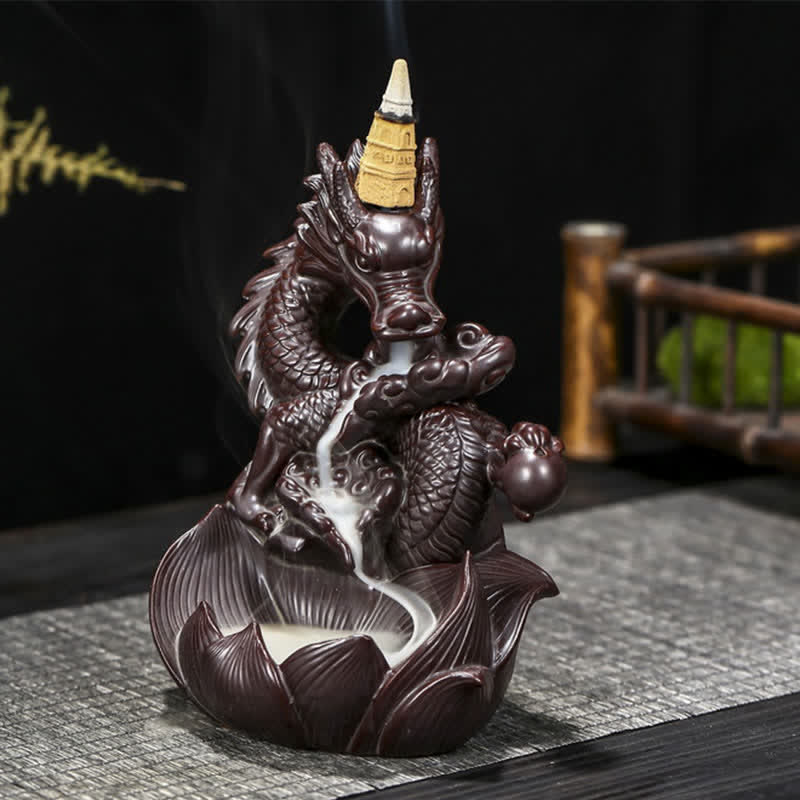 Buddha Stones Dragon Lotus Pattern Strength Protection Ceramic Incense Burner Decoration