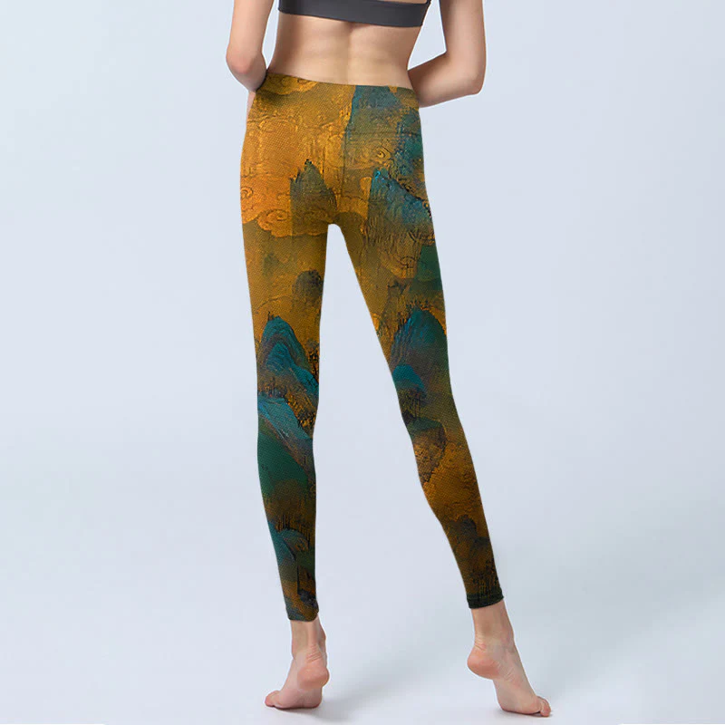 Buddha Stones Dark Goldenrod Mountain Print Fitness Leggings Women's Yoga Pants
