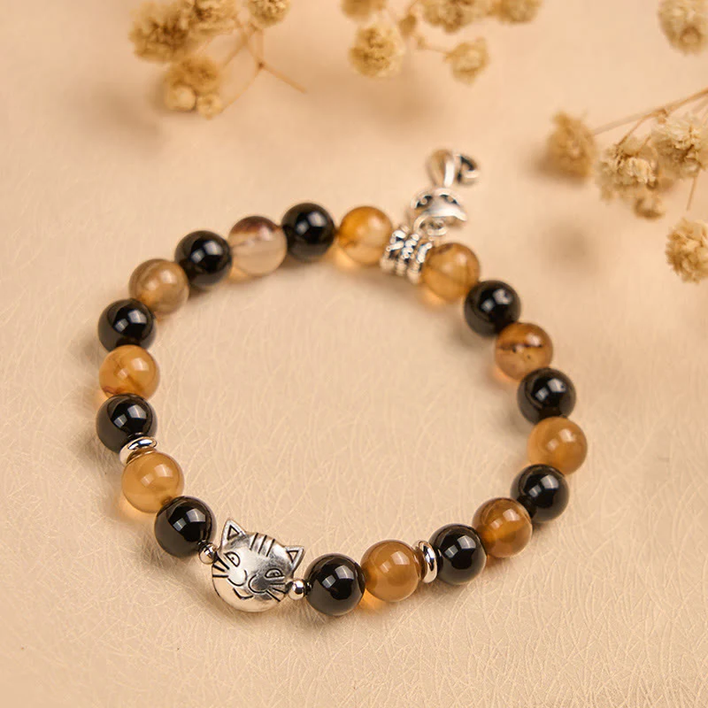 Buddha Stones Tortoiseshell Cat Light Brown Striped Agate Black Onyx Protection Bracelet