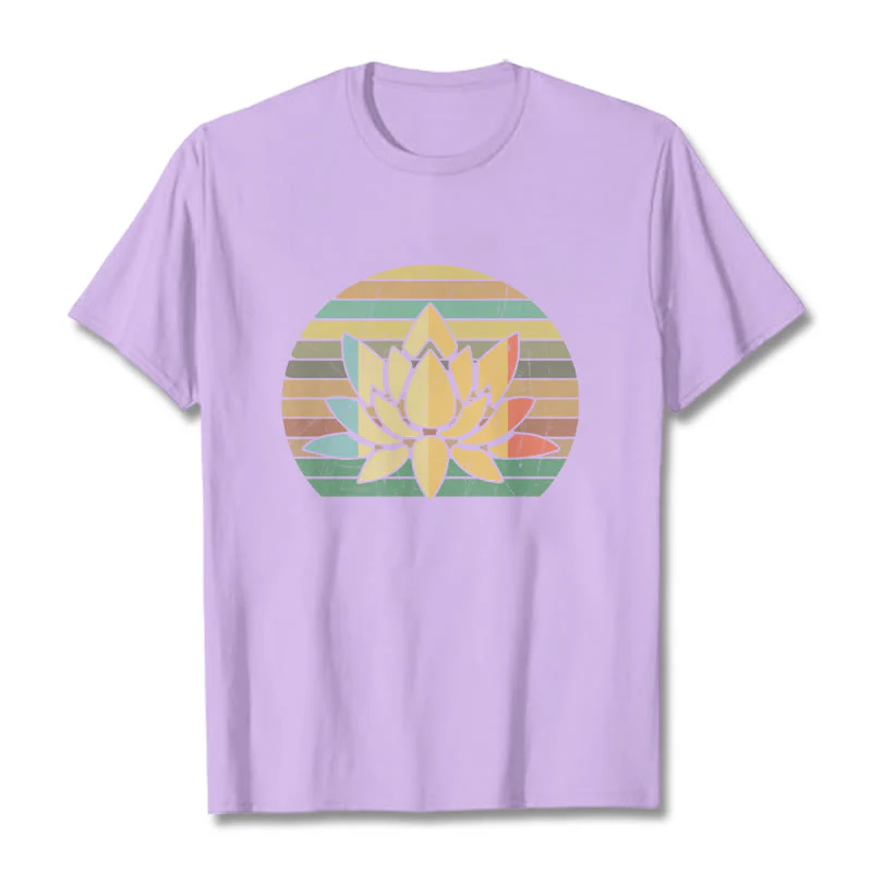 Buddha Stones Casual Retro Striped Background Lotus Flower Pattern Cotton Tee T-shirt