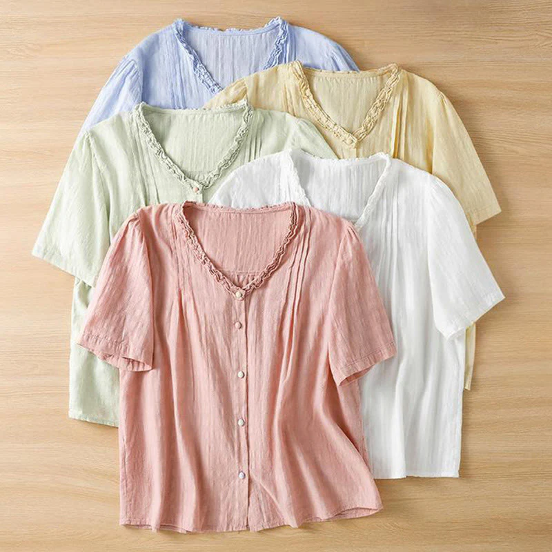 Buddha Stones Jacquard Pleated Ruffled Trim Design V-Neck Short Sleeve Women's Shirt