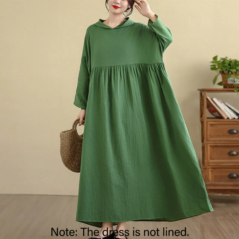 Buddha Stones Fall Hoodie Design Long Sleeve Cotton Linen Midi Dress With Pockets