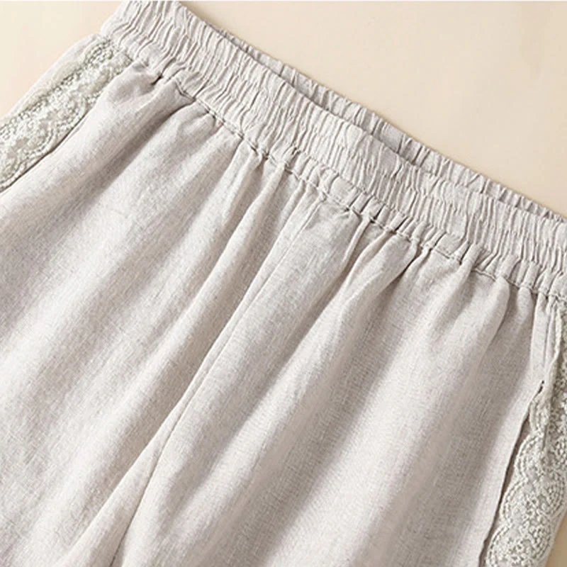 Buddha Stones Plain Lace Women's Harem Cotton Linen Pants With Pockets
