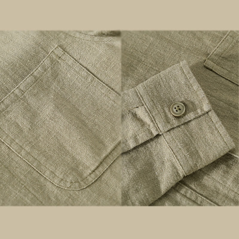 Buddha Stones Commute Men's Plain Buttons Design Cotton Linen Long Sleeve Shirt With Pockets