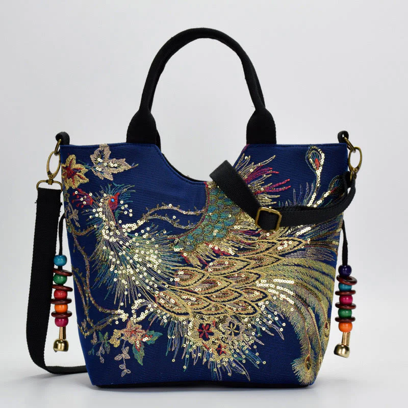 Buddha Stones Peacock Double-sided Embroidery Tote Bag Shoulder Bag Crossbody Bag