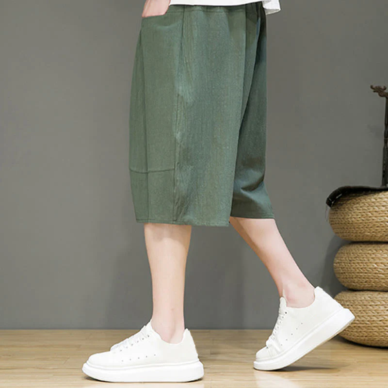 Buddha Stones Casual Drawstring Cotton Linen Men's Capri Harem Pants With Pockets