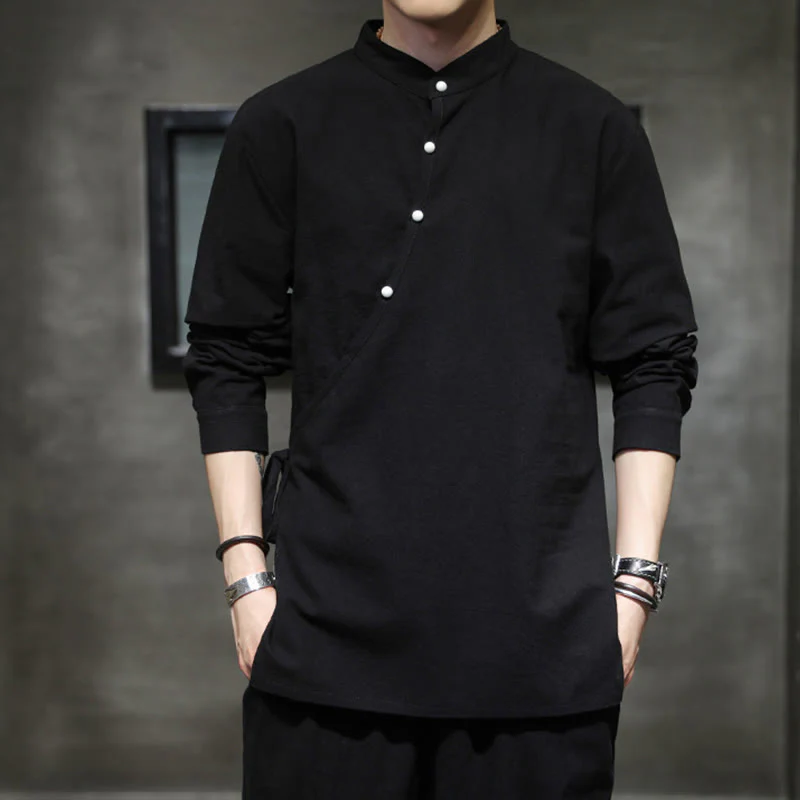 Buddha Stones Plain Lace-Up Simple Button Design Men's Long Sleeve Cotton Linen Shirt Clothing