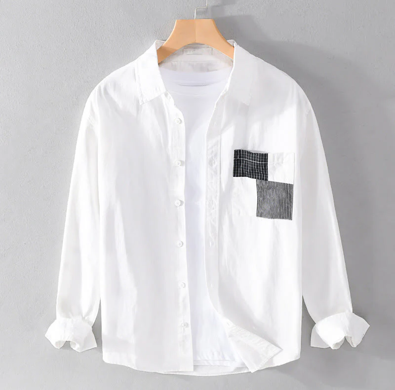 Buddha Stones Spring Daily Line Patchwork Design Lapel Men's Long Sleeve Cotton Linen Shirt With Pockets