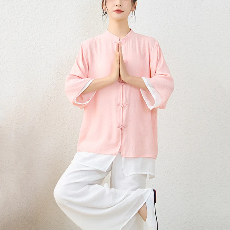 Buddha Stones 2Pcs Simple Chinese Frog Button Design Top Pants Meditation Yoga Zen Tai Chi Cotton Clothing Women's Set