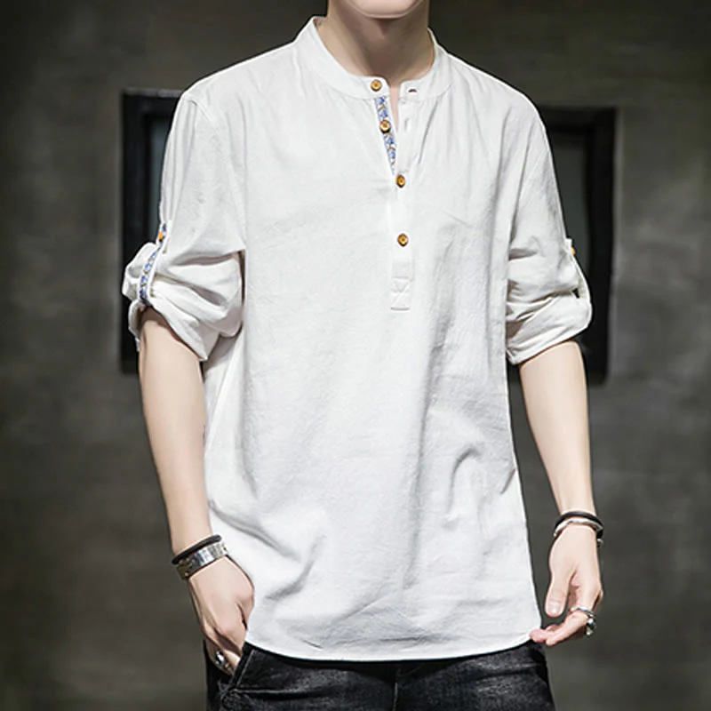 Buddha Stones Summer Solid Men's Half Buttons Half Sleeve Linen Shirt