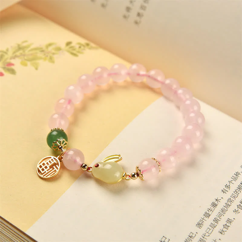 Year of the Rabbit Natural Pink Crystal Green Agate Bunny Love Happiness Bracelet
