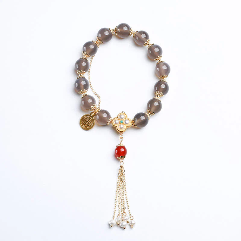 Buddha Stones Natural Gray Agate Fu Character Pearl Tassel Balance Bracelet