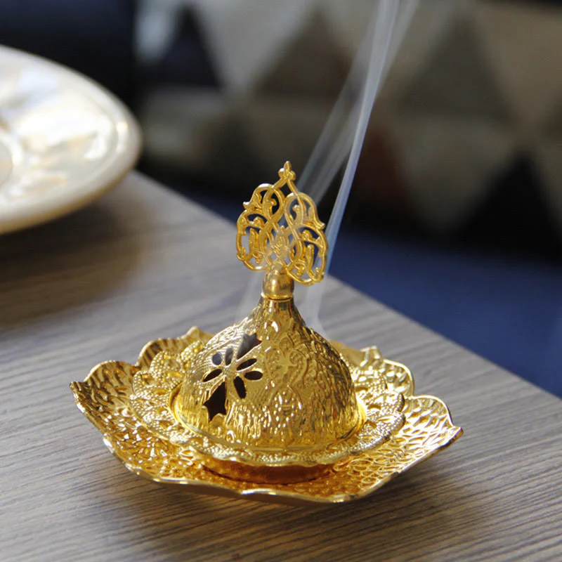 Buddha Stones Gold Leaf Coaster Spiritual Mini Alloy Metal Incense Burner