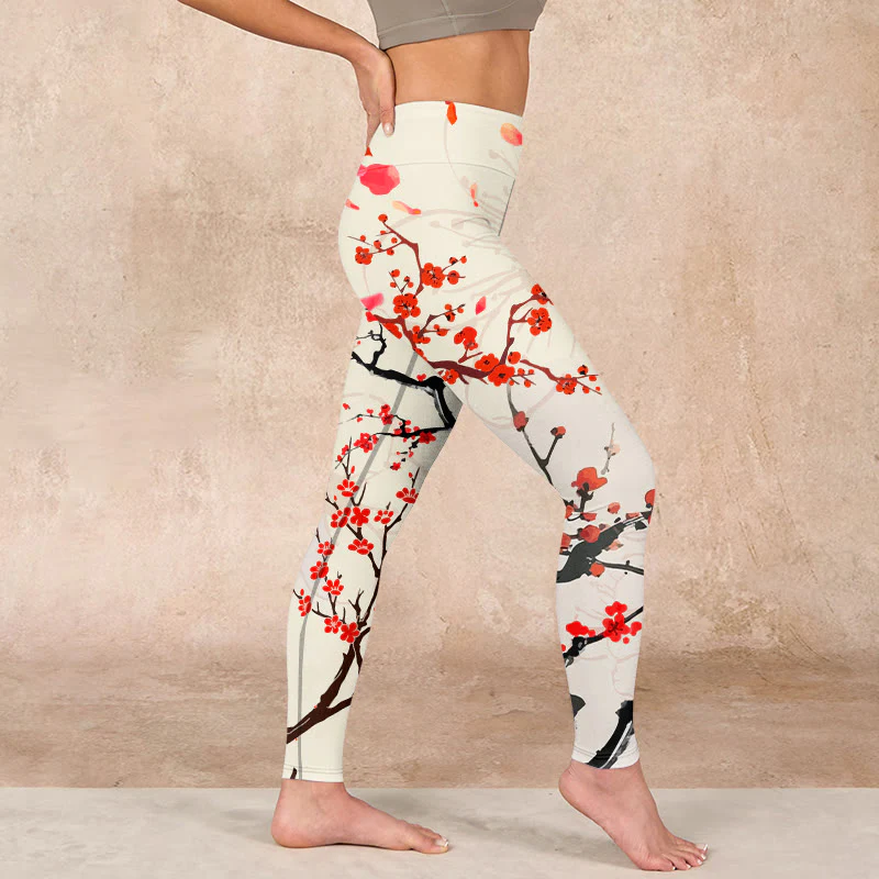Buddha Stones Blooming Red Plum Blossoms Print Gym Leggings Women's Yoga Pants