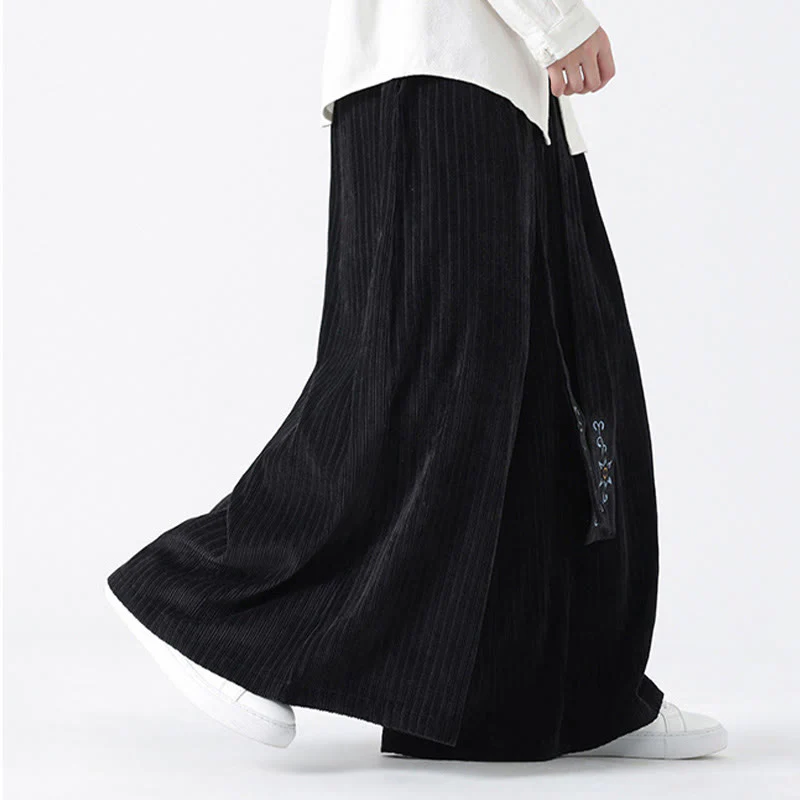 Buddha Stones Casual Embroidery Drawstring Design Men's Corduroy Wide Leg Pants With Pockets