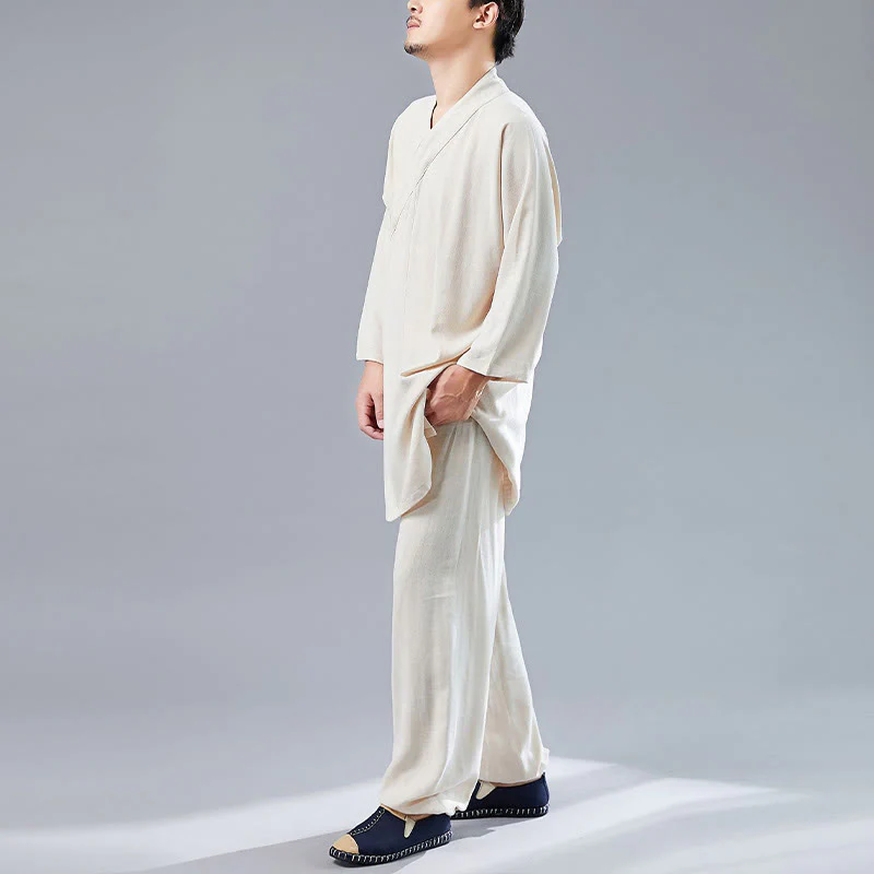 Buddha Stones 2Pcs V-Neck Men's Long Sleeve Shirt Top Pants Meditation Zen Tai Chi Cotton Linen Clothing Set